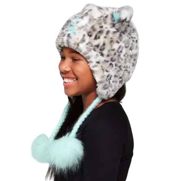 Justice Girl’s Letter N One Size Cheetah Cat Earflap Hat Faux Fur Grey Teal Blue - Picture 7 of 8